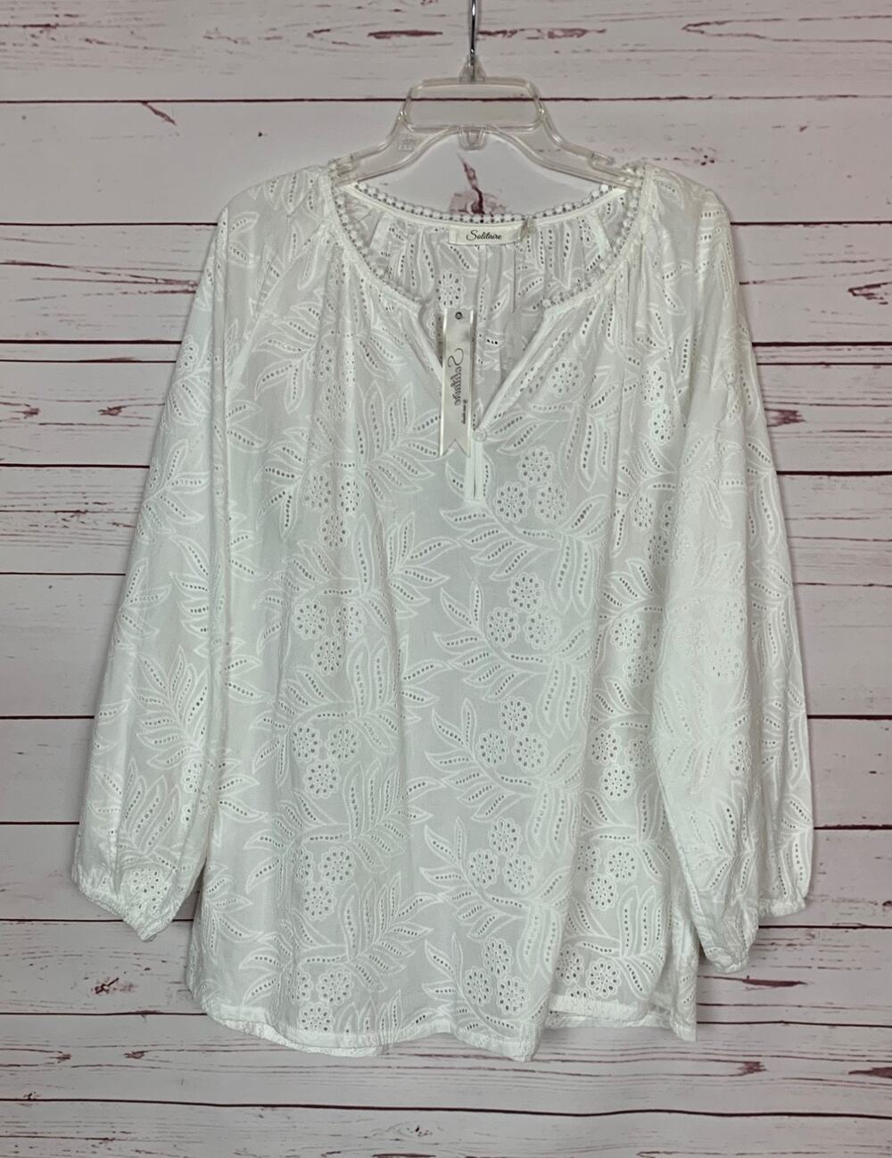 Solitaire Anthropologie Women's Size 2X White Eyelet Long Sleeve Top NEW TAGS